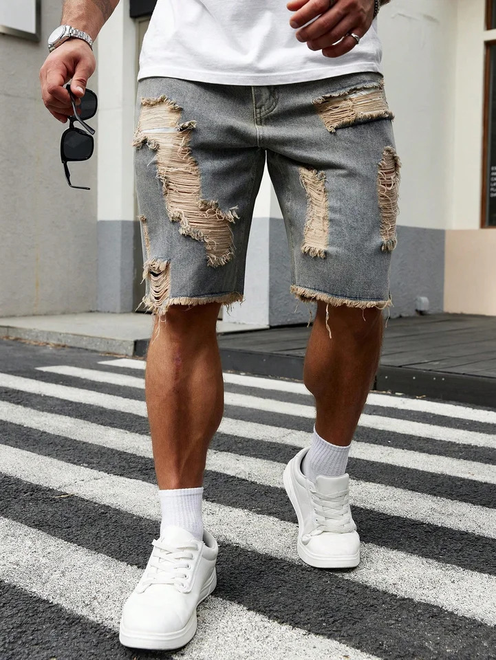 Summer Mens Fashion Stretch Denim Shorts Retro High Street Style Old Slim Fit Short Jeans Splicing n Cotton 250614