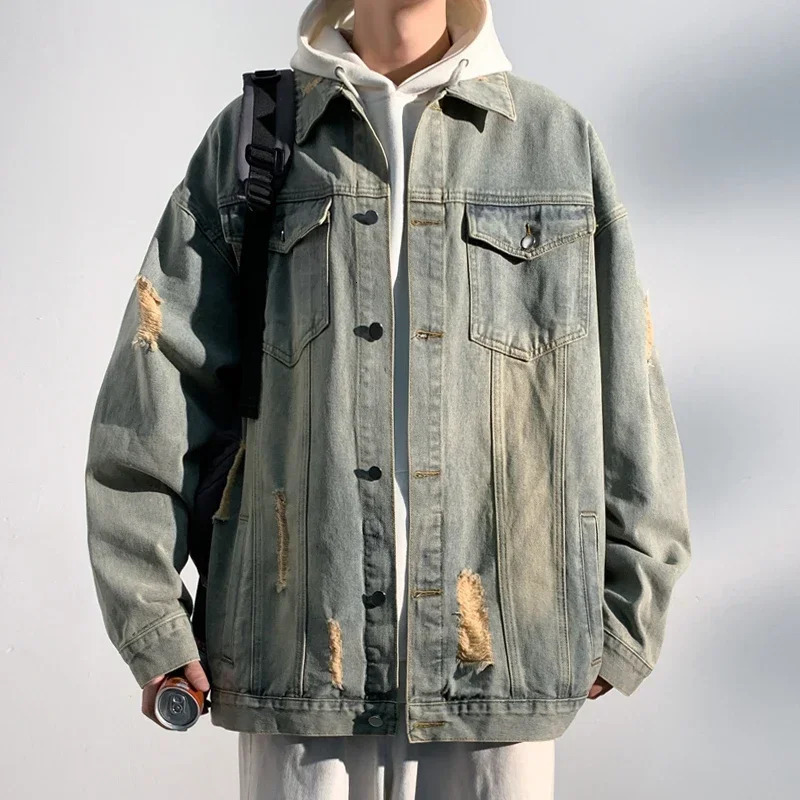 Vintage Washed Distressed Cowboy Jacket High Street Americanstyle Denim Large Size Male Jeans Coat 250614
