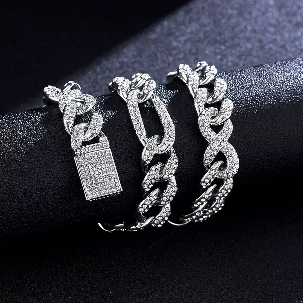 Mens Fashion Design Simple Gold Chain Bracelets Necklaces Popular Hip-Hop Cuban Chain with Crystal Diamond Fashion Fancy Style