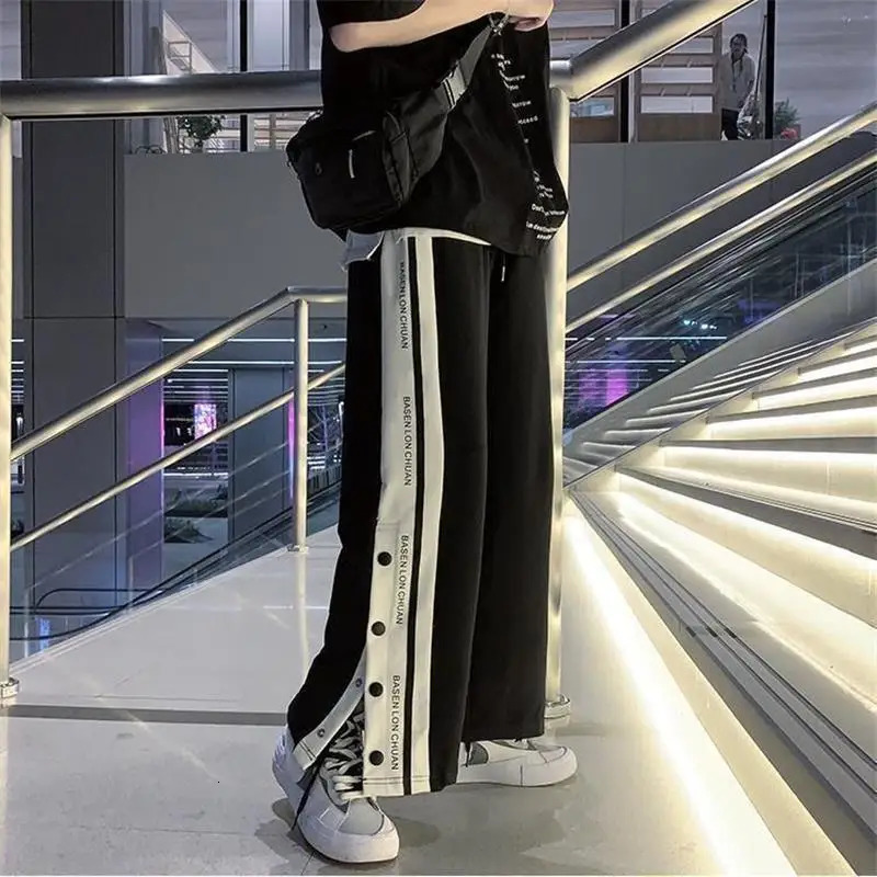 Y2k Style Wide Leg Pants Straight Trousers High Street Casual Loose Side Button Sweatpants Vintage Womens Pants Streetwear 250612