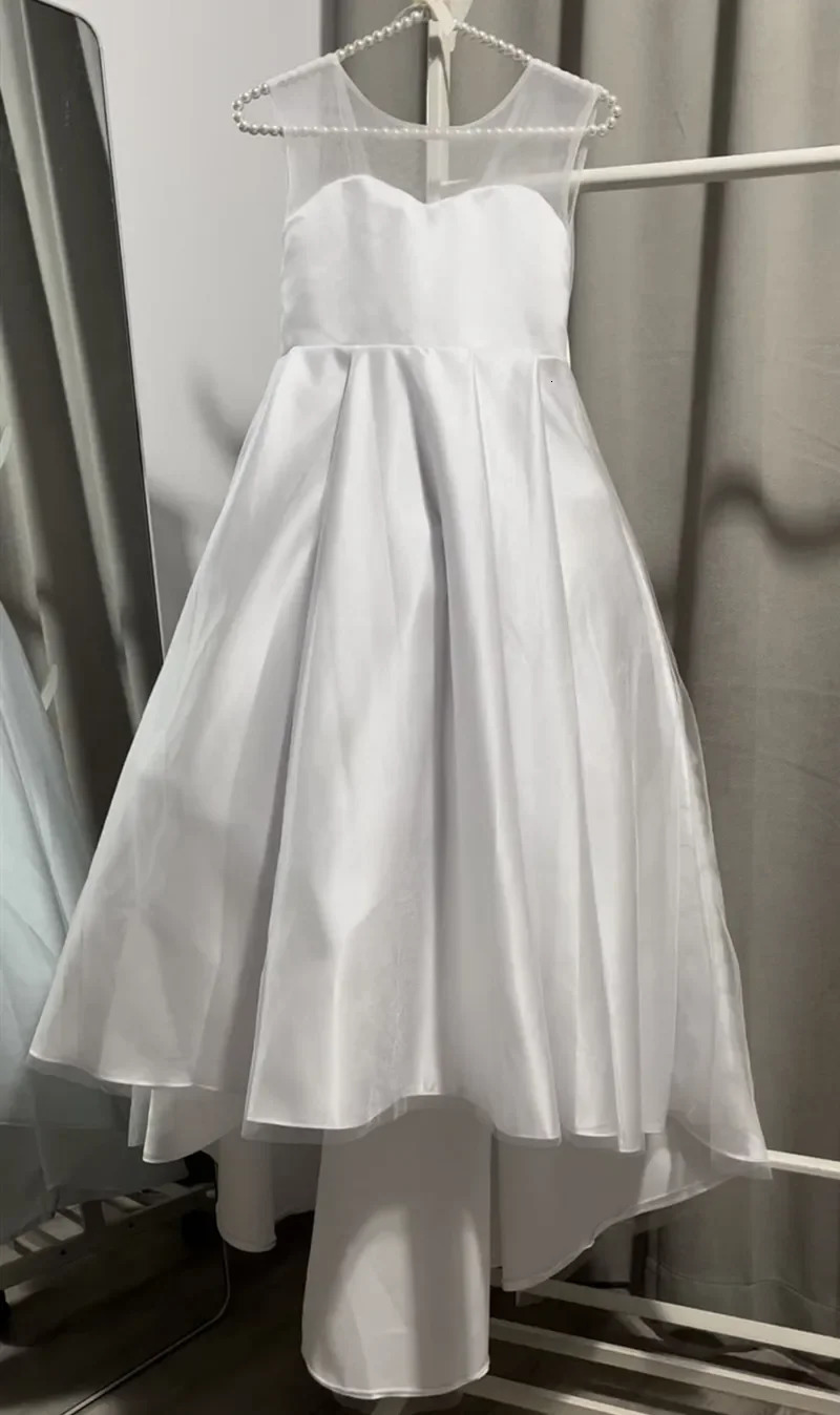 Customized White Child Flower Girl Dresses for Weddings Satin A-line Tulle Bow Long Bridesmaid Pageant Robe First Communion Gown 250614