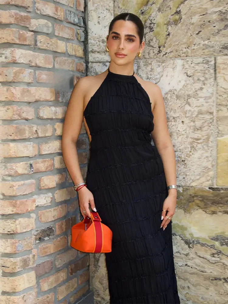 Elegant Halter Dress: Women's Sleeveless Lace-Up Backless Long Dress for Summer Beach Holiday C260312