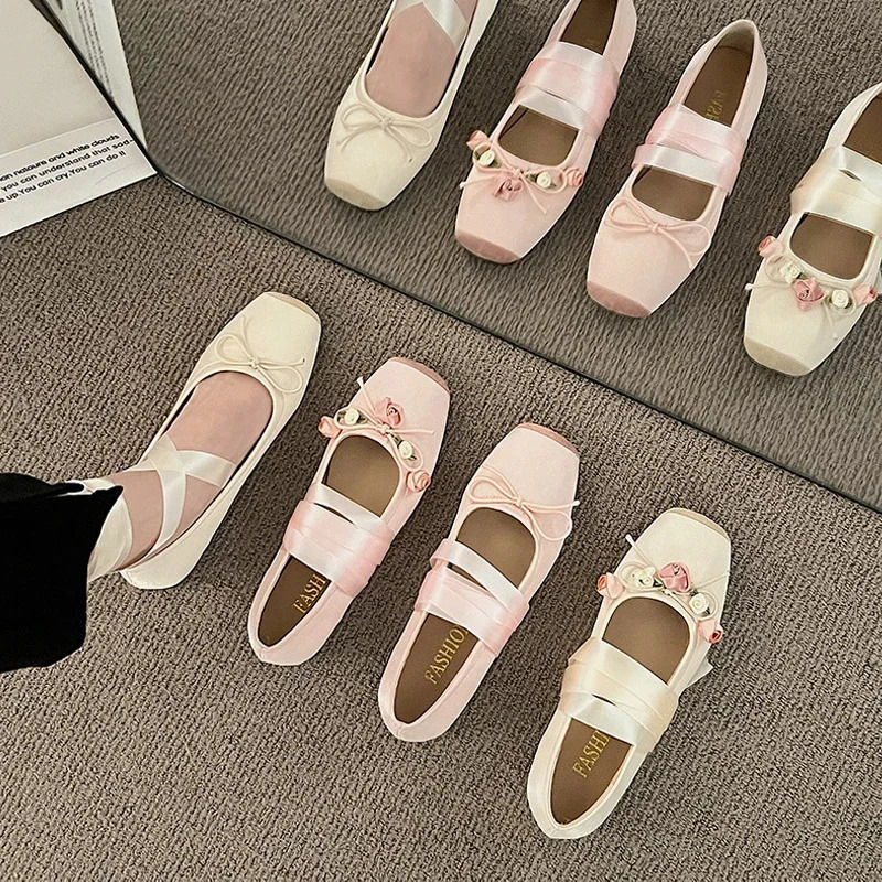 Lace Tie Leg Satin Silk Ballet Flats Woman Square Toe Bowknot Elastic Band Ballerinas Ladies Wedding Floral Shoes 250613