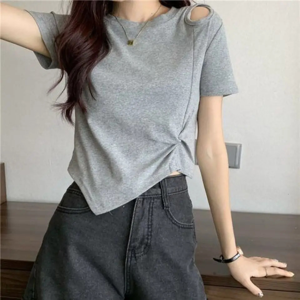 Summer Fashion Y2K T-shirt Woman Hollow Out Sexy Crop Top High Waist Short Sleeve Tee Shirt Women Pleated Clothes Kpop 250614