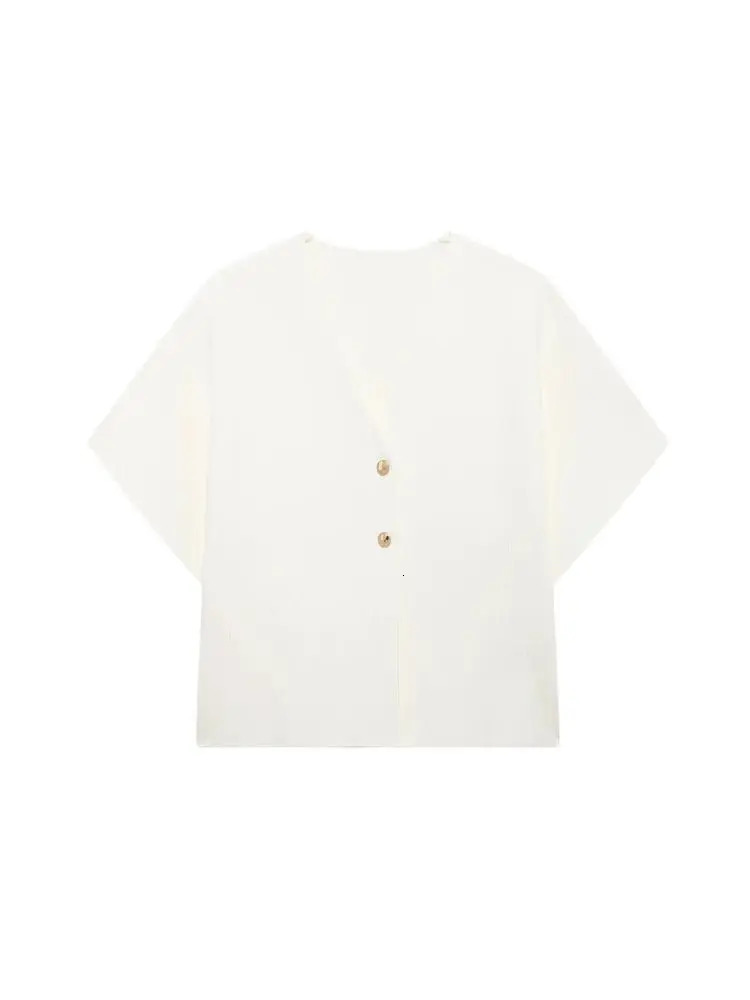 TRZAWomens Front Golden Buttons Knit Cardigan Sweater V Neck Wide Short Sleeves Female Outerwear Chic Tops Fashion 250612