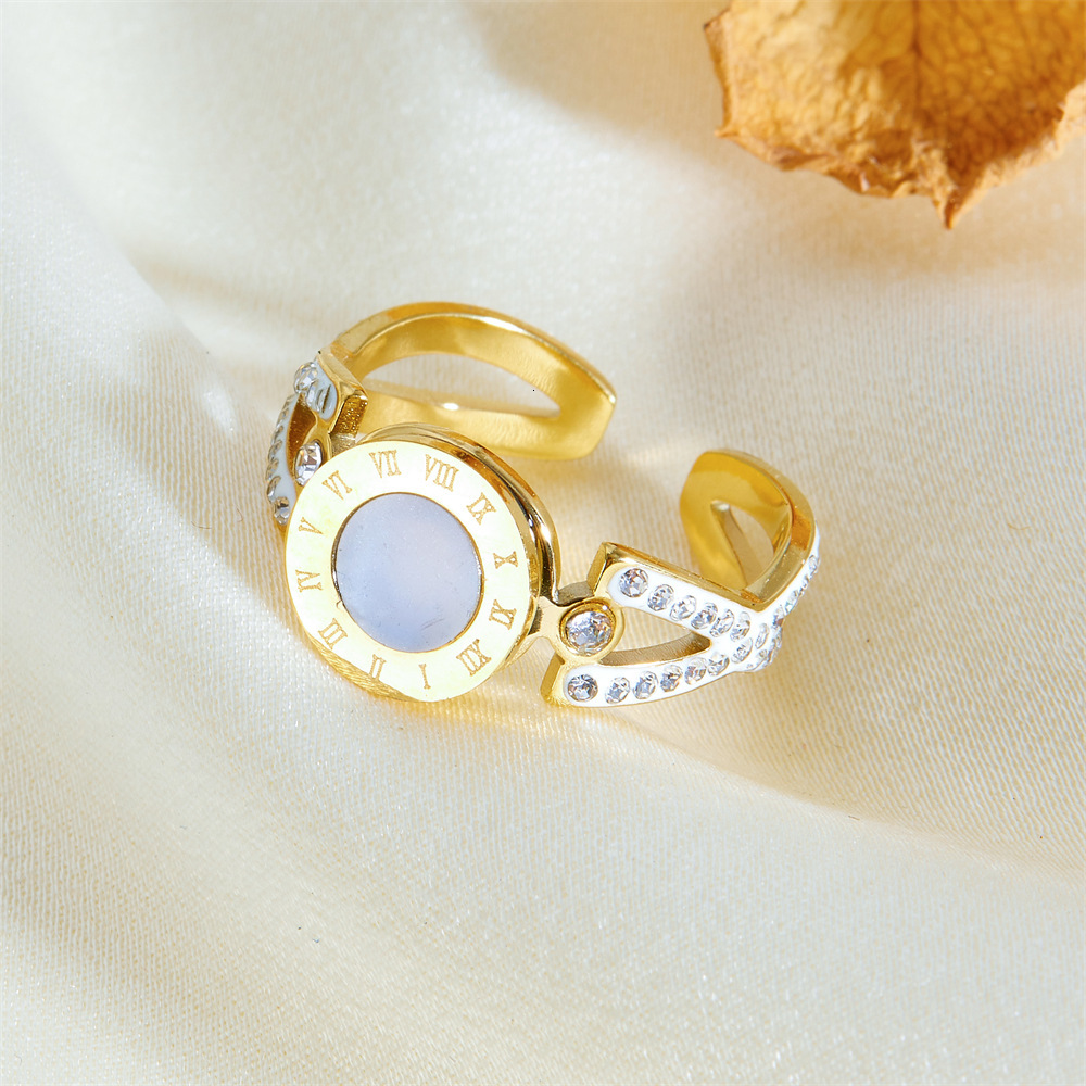 Fashion Simple Luxury Temperament Inlaid Diamond Mother-of-Pearl Roman Numeral Ring for Women Titanium Steel Non-Fading Band
