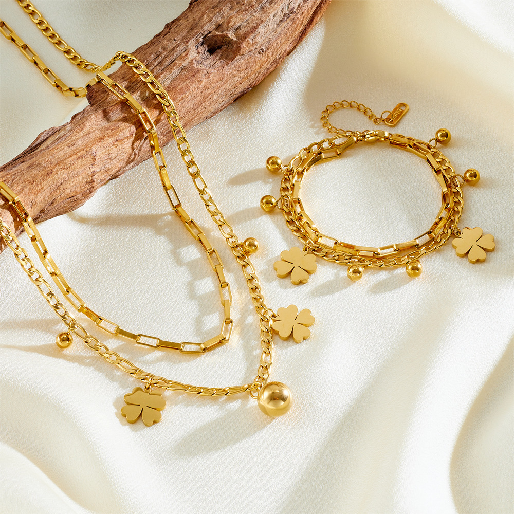 New Double Layer Gold Round Ball Stainless Steel Pendant Four-Leaf Clover Necklace Set Non-Fading Multi-Layer Jewelry