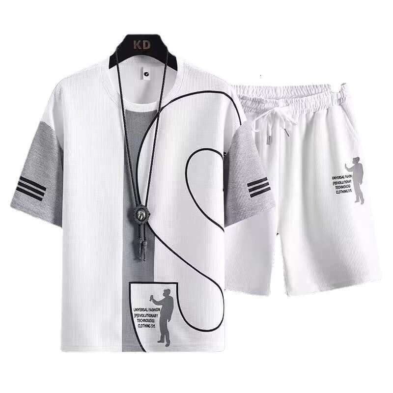 Waffle Short Sleeve T-Shirt Men's Thin Summer Fashion Trend Sports Casual Set