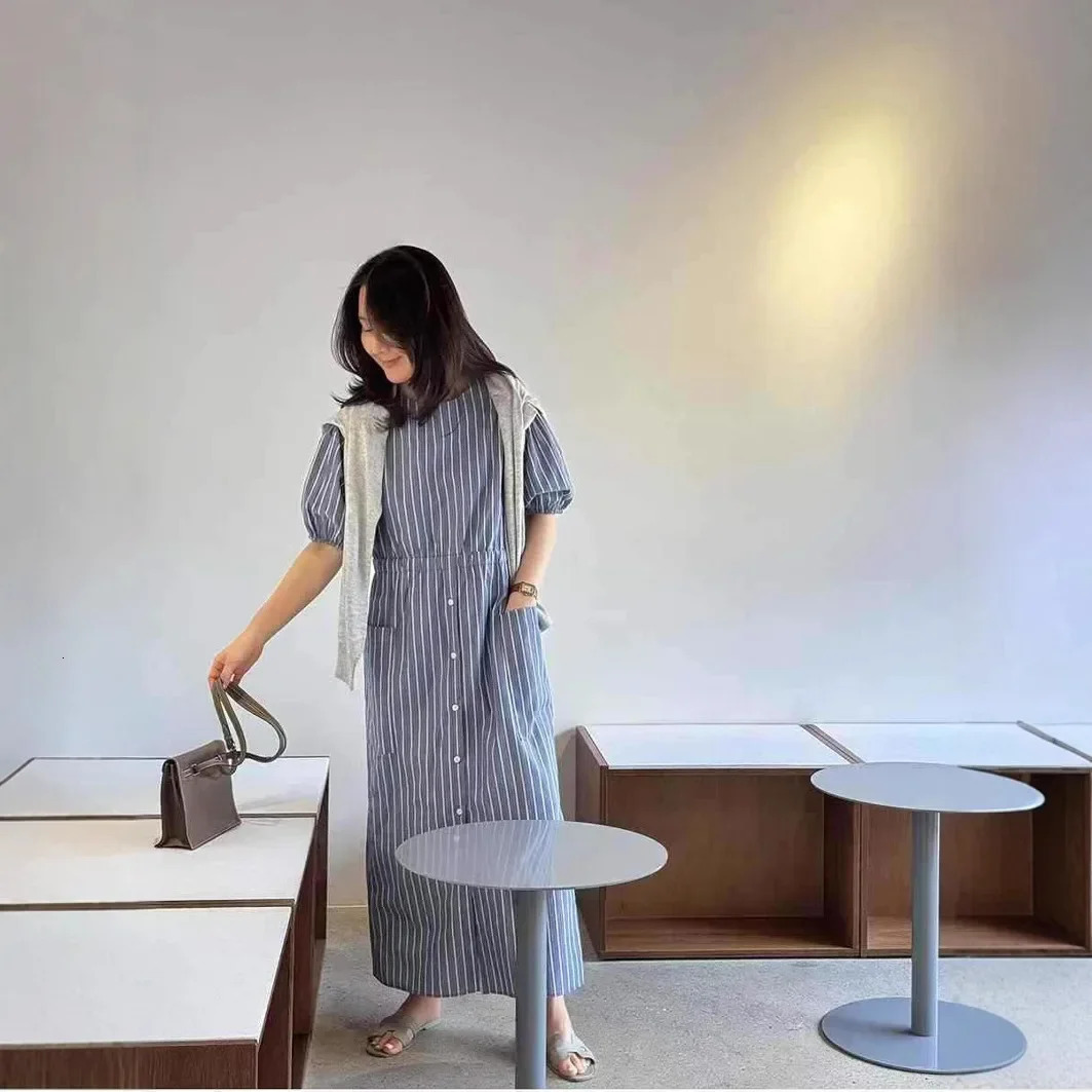 Casual Korean Style Striped Short Sleeve Loose Dress Summer Fashion Womens Ankle-length Dress Empire Waist Bubble Sleeve 250613