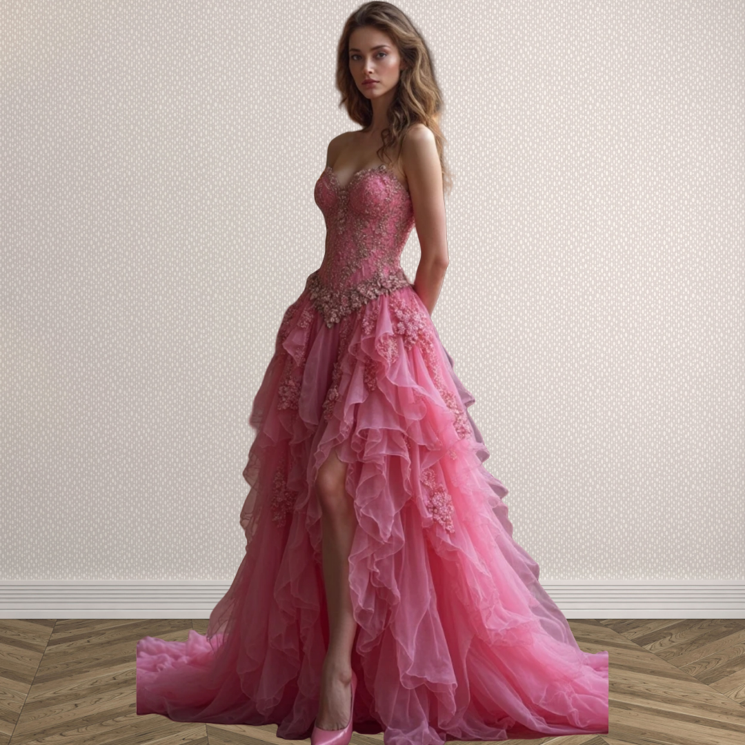 Side Slit Strapless Pink Prom Dresses Ruffles Tiered Tulle A-Line Evening Gown Lace Appliques Sweetheart Long Pageant Party Dress