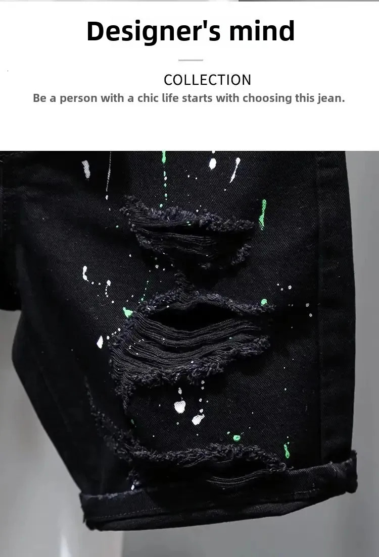 Trendy Mens Unique Hip Hop Black Denim Shorts Loose Fit Summer Style High Quality Cotton Pants With Distressed Details 250614
