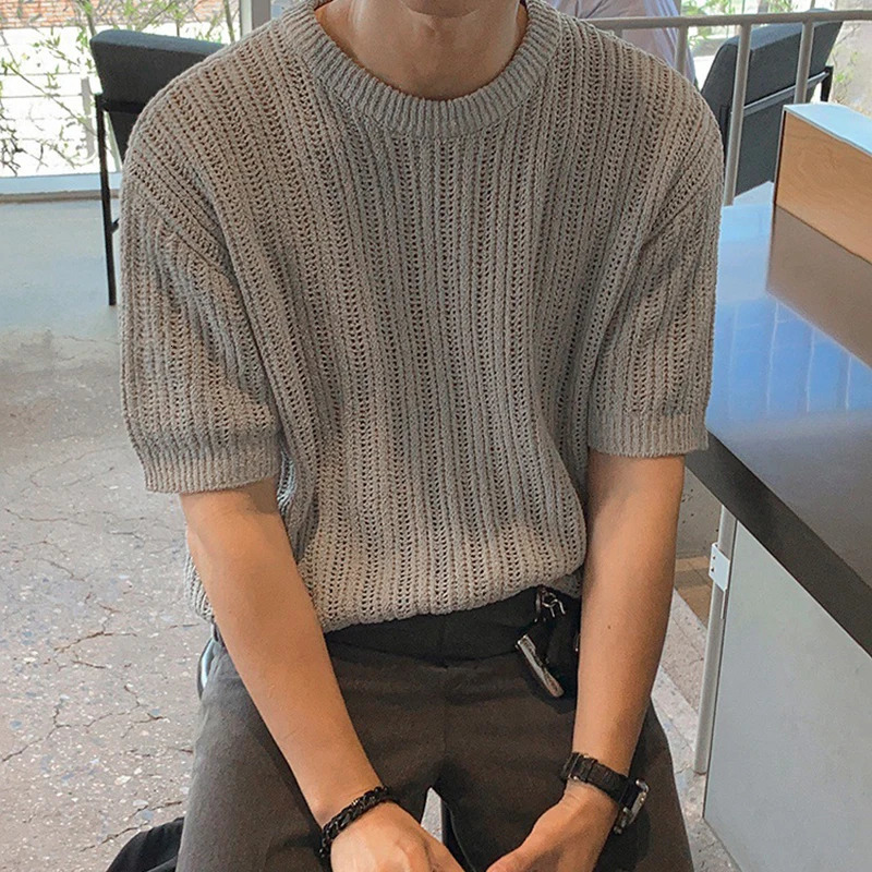 Mens Clothing Light Hollow Out O Neck Knit T Shirt Leisure Solid Color Short Sleeve Korean Retro Knitwear M-2XL 250614