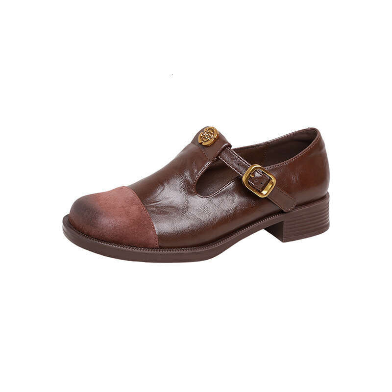 Cowhide Version Spring New T-Buckle Mary Jane Women Brown Loafers hot Low Heel Single Small Leather Shoes Trendy