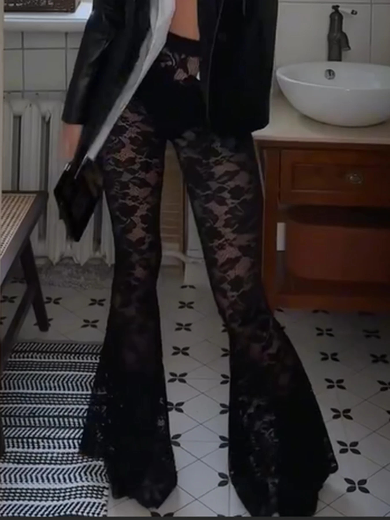 IAMSURE Sexy Slim Lace Flare Pants See Through Solid MidWaisted Wide Lege Women Underwear Leggings Streetwear Ladies 250612