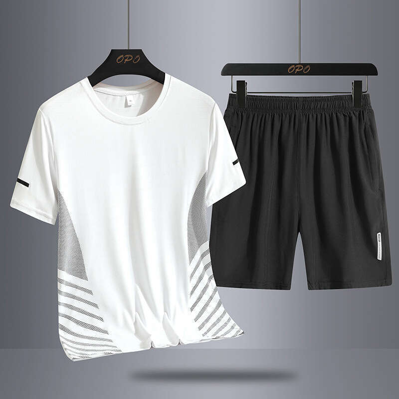 Ice Silk Sports Suit Men's Quick-Dry Breathable Short-Sleeve T-Shirt Five-Point Shorts Trendy Two-Piece Running Outfit