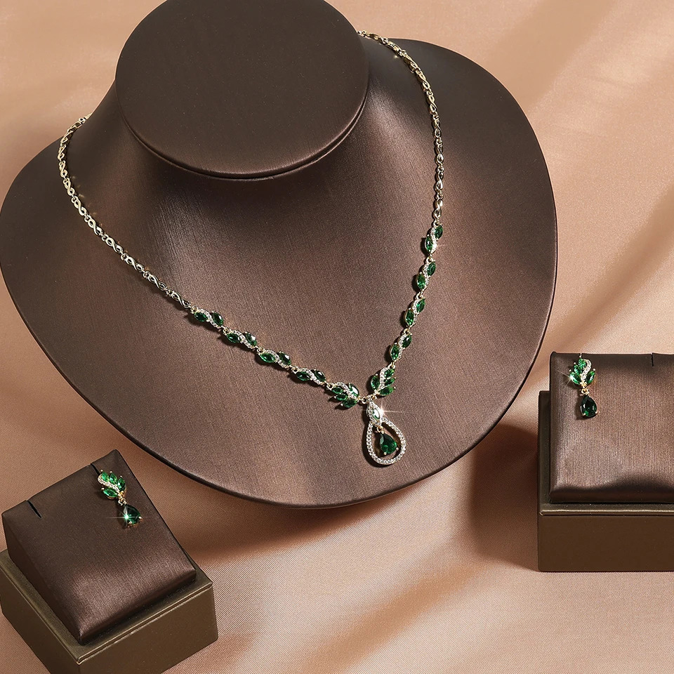 ZAKOL Brilliant Zirconia Leaf Necklace Earrings Rings Bracelets Set for Women CZ Drop Bridal Wedding Jewelry Sets 250609