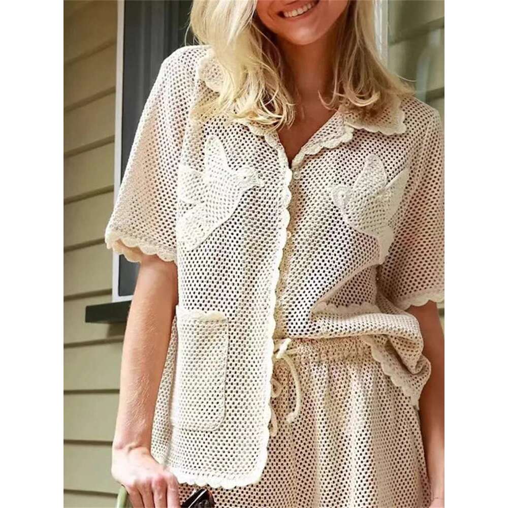 Embroidered Crochet Knit Shirt For Women Short Sleeve Ladies Mesh Hollow Out Knitted Blouse Tops