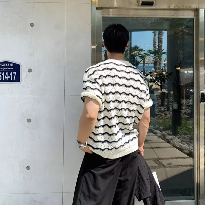 Summer Mens Knit Jacquard Short Sleeve T-shirts Striped Hollow Out Casual Tshirts Y2K Vintage Streetwear Tee Tops 250614