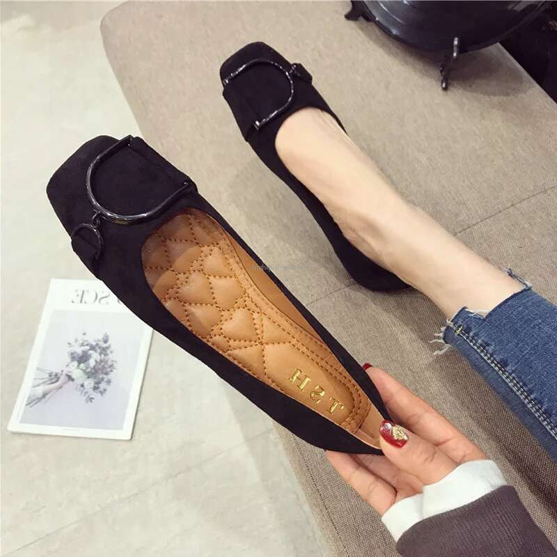 Women's Spring 2025 New Suede Leather Square Toe Shallow Cut Flat Bottom Lefu Soft Bean Shoes Fashion Designer Sandals Single Shoes