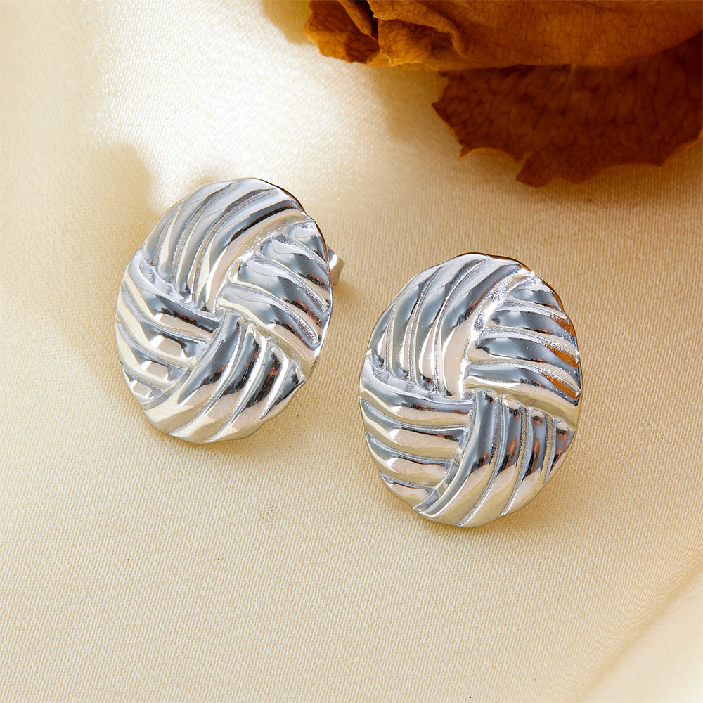Minimalist Fashion Personality Woven Texture Round Geometric Gold-Plated Stainless Steel Elegant Women's Stud Earrings