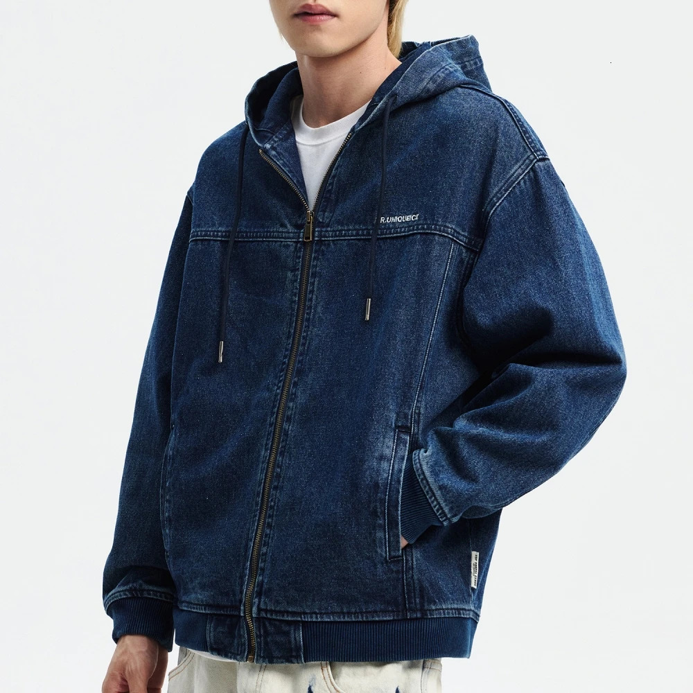 American Streetwear Hooded Denim Coat Plus Size Jacket Men Clothing Japanese Harajuku High Quality Casual Zipper Hoodie 250614