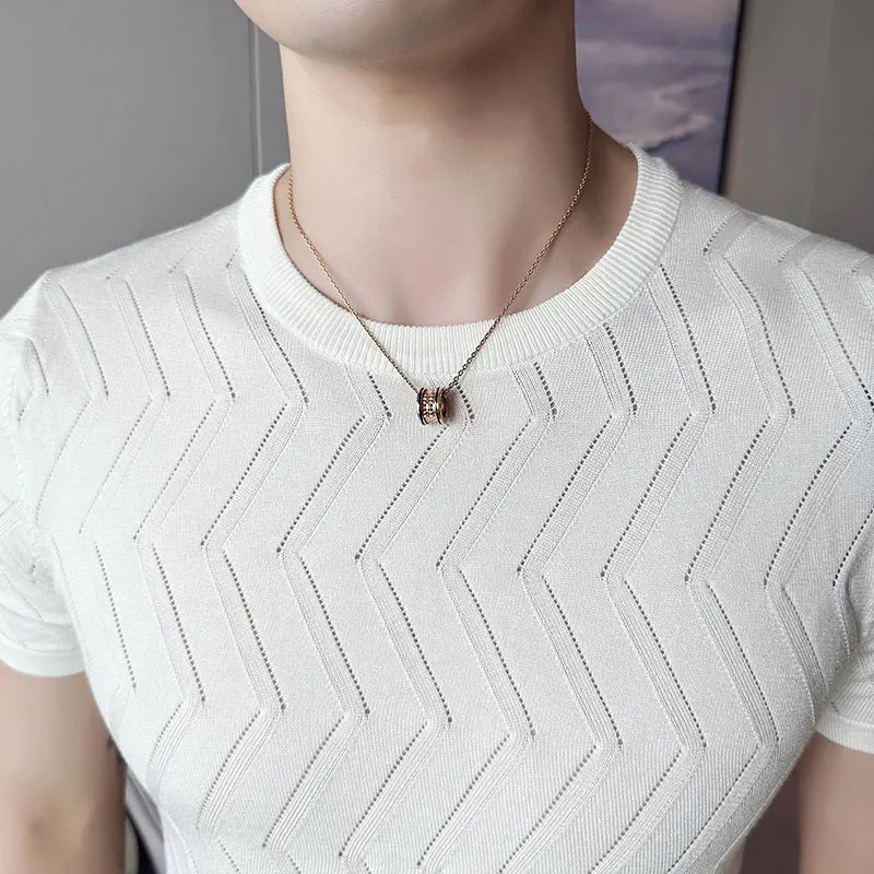 Summer Fashion Hollow Knitted Short Sleeve T-Shirts For Men Clothing O-Neck Breathable Casual Slim Fit Tee Shirt Homme Sale 250614