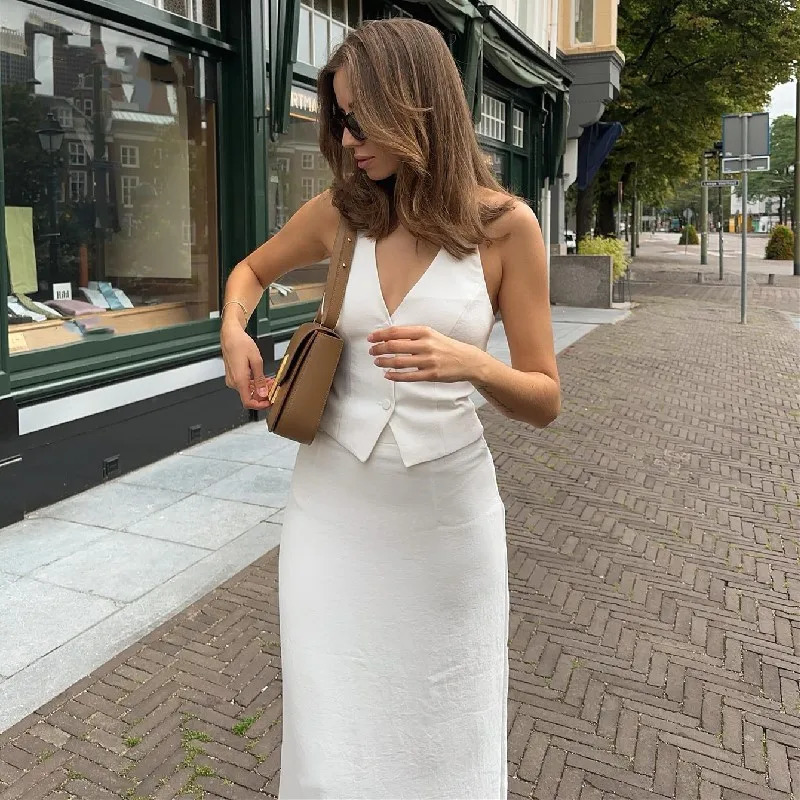 Women 2 Piece Summer Outfits Solid Color Button Halter Tops and Slit Long Skirt Set for Streetwear y2k Aesthetic Clothes 250609
