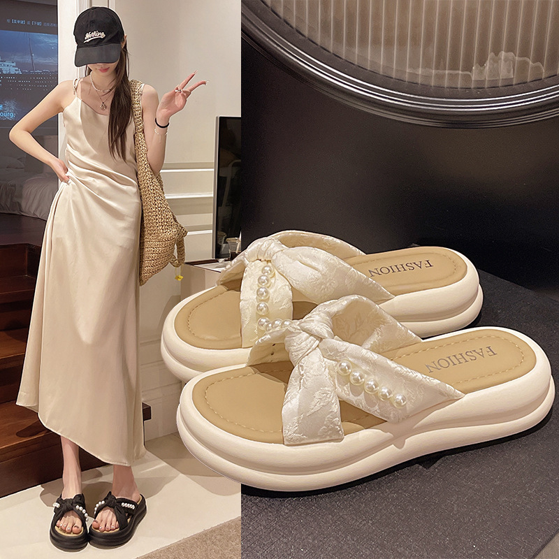 New Pearl Women's Simple Slippers Fashion Thick Bottom Cross Shoes Designer Sandals Women's Outdoor Sandals Slippers