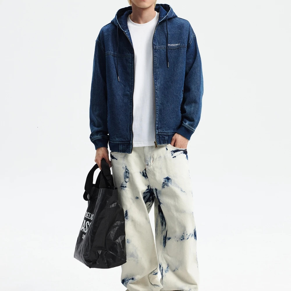 American Streetwear Hooded Denim Coat Plus Size Jacket Men Clothing Japanese Harajuku High Quality Casual Zipper Hoodie 250614