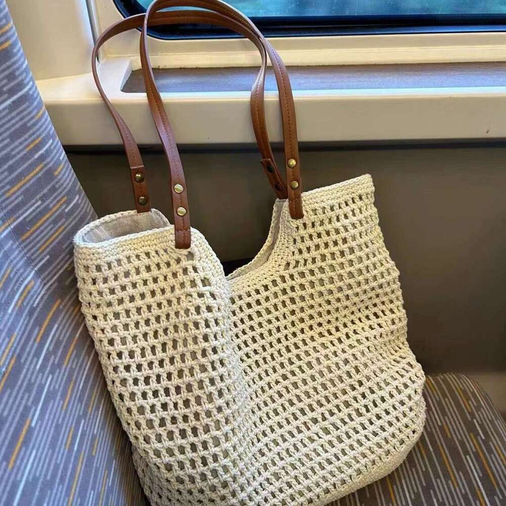 Beach Same Style Cotton 2025 New Summer Woven Hollow Handbag Niche Design Mesh Bag Women