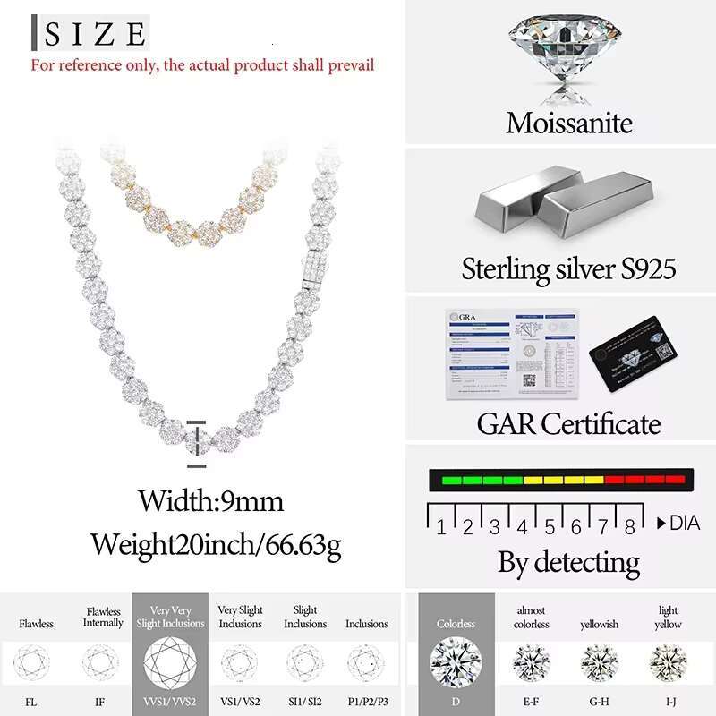 Moissanite VVS1 Unisex Necklace Chain 925 Silver For Women 9 MM Iced Out Floral Necklace Unisex Fine Hip Hop Jewelry