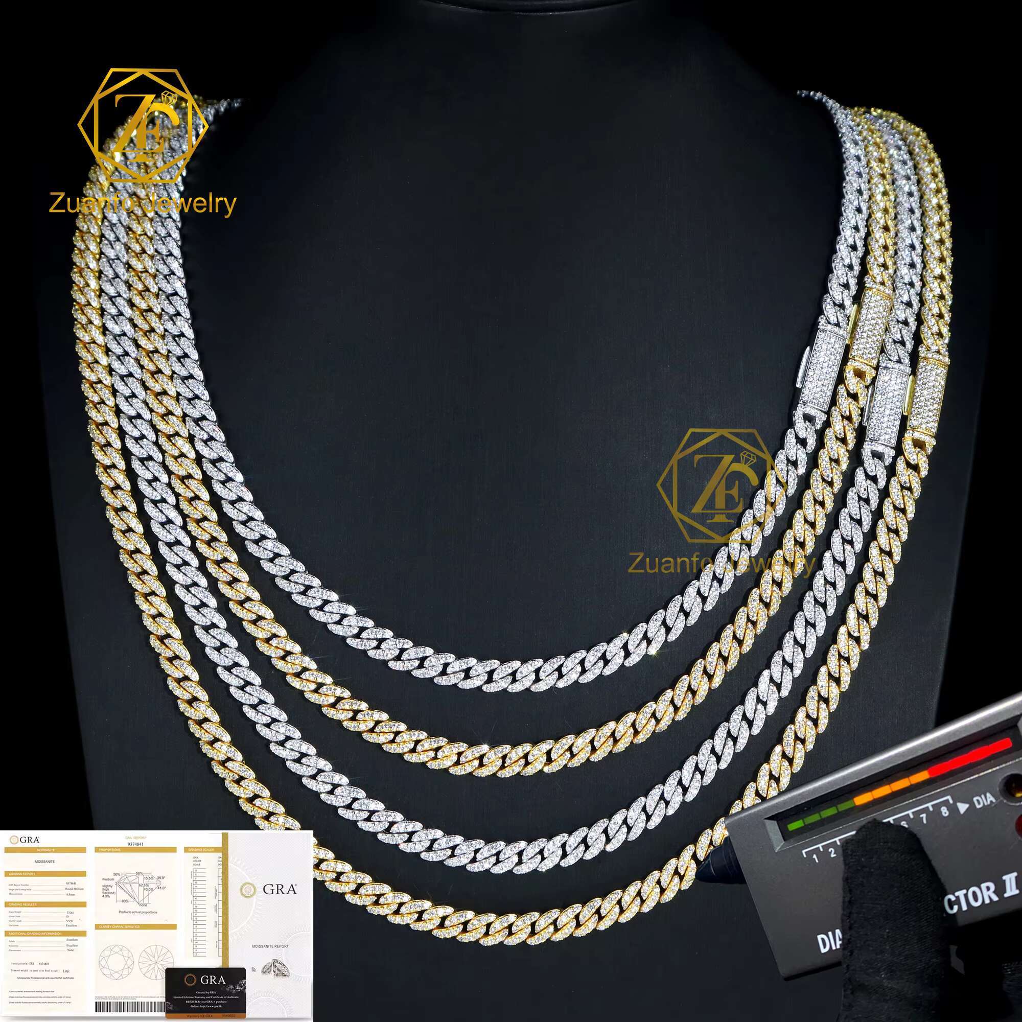 Classical Cuban Style 925S Moissanite Necklace Make in China Right Angled Trapezoid Ladder Shape with Small Diamond Chain