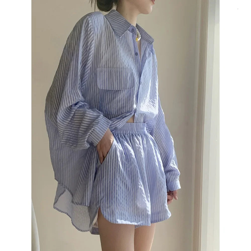 Fashionable Casual Striped Set Womens Summer Thin Loose Sun Protection Top Shorts TwoPiece Set Stylish Polyester Fiber 250609