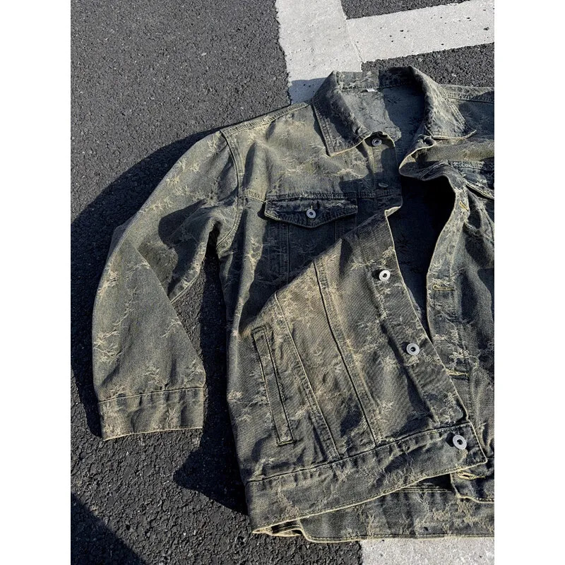 Retro Jacket Men Spring Punk Leaf Graphic Print Denim Jackets Hip Hop Streetwear Oversized Gothic Jeans Coats 250614
