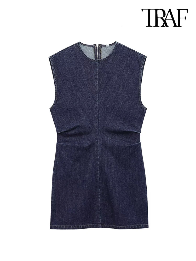 TRAF Womens Fashion Street Style Vintage Denim Mini Dress Simple Casual Solid Color Round Neck Waisted Back Zipper Dress 250609