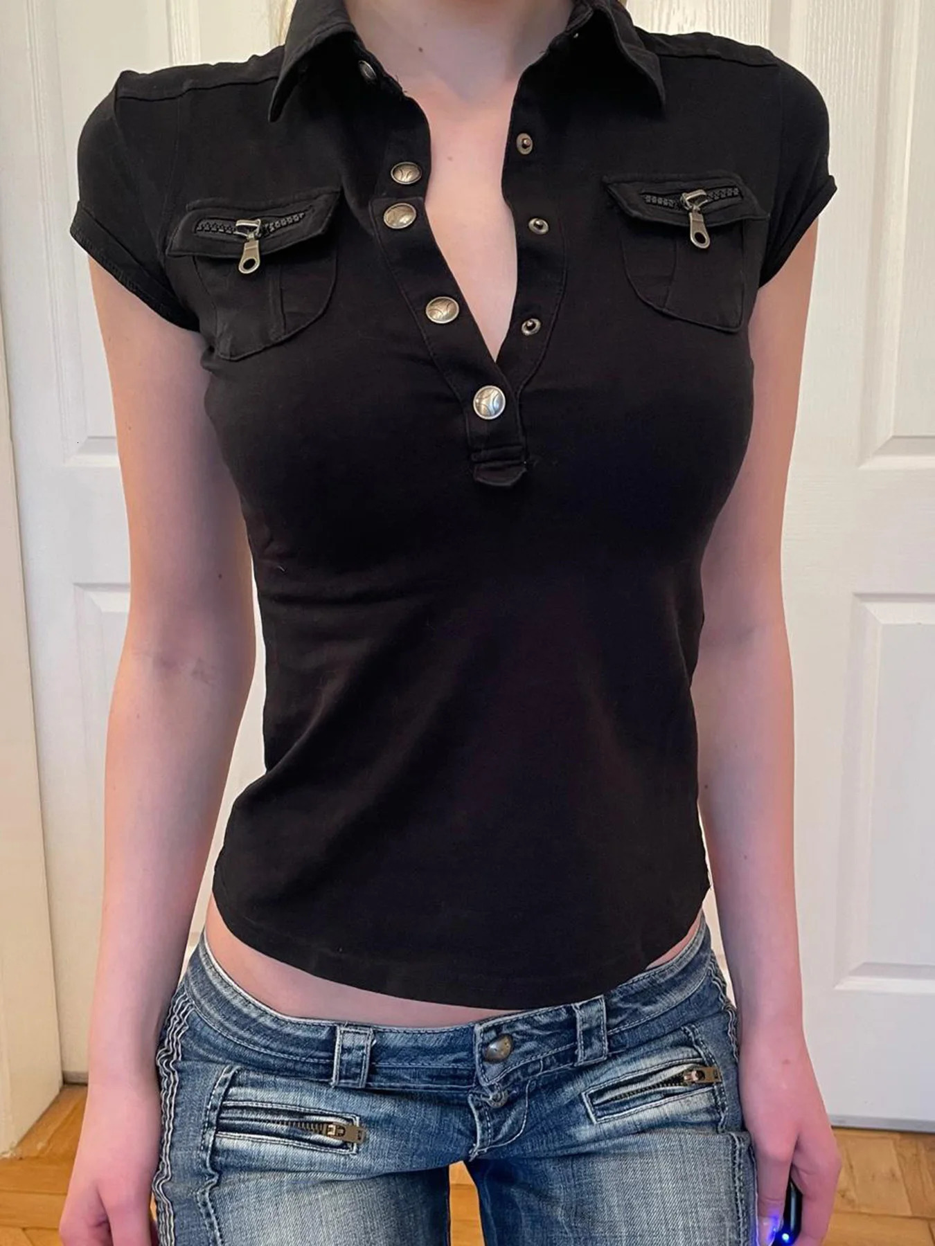 Fashion Safari Style Summer tie Chic Polo Shirts Metal Button Slim Fit n Packets Causal T-Shirts 250609