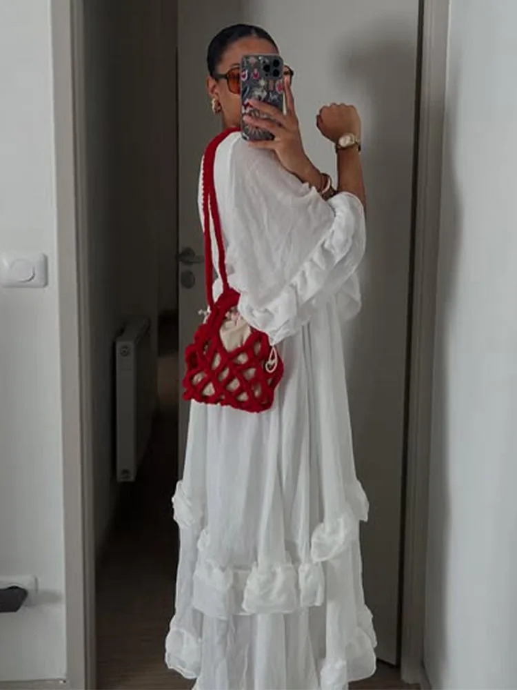 Solid Patchwork Ruffle Hem Loose Dress Chic V-neck Half Sleeve High Waist Long Dresses Female Summer Daily Commute Gowns 250613