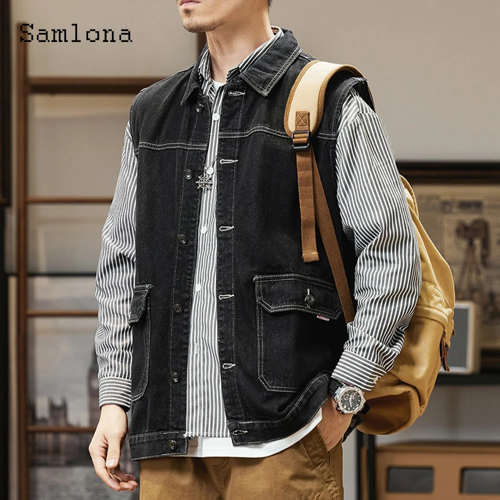European Style Fashion Sleeveless Denim Vest Jackets Plus Size Mens Basic Top Vintage Stand Pocket Jean Outerwear 250614
