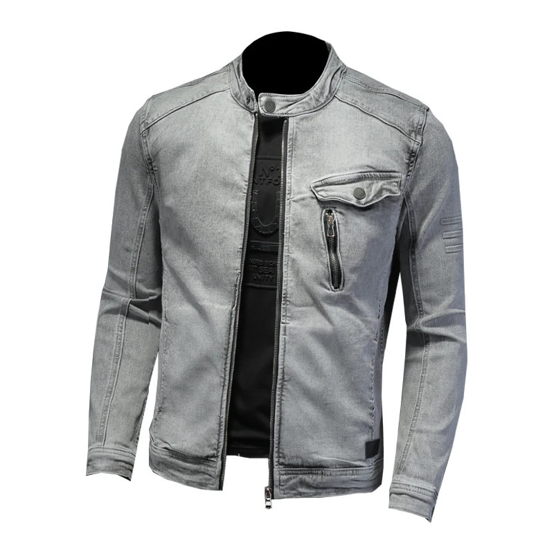 Men Moto Biker Streetwear Denim Jackets Vintage Gray Bomber Jacket Outerwear Male Casual Cotton Stand Collar Coats 250614