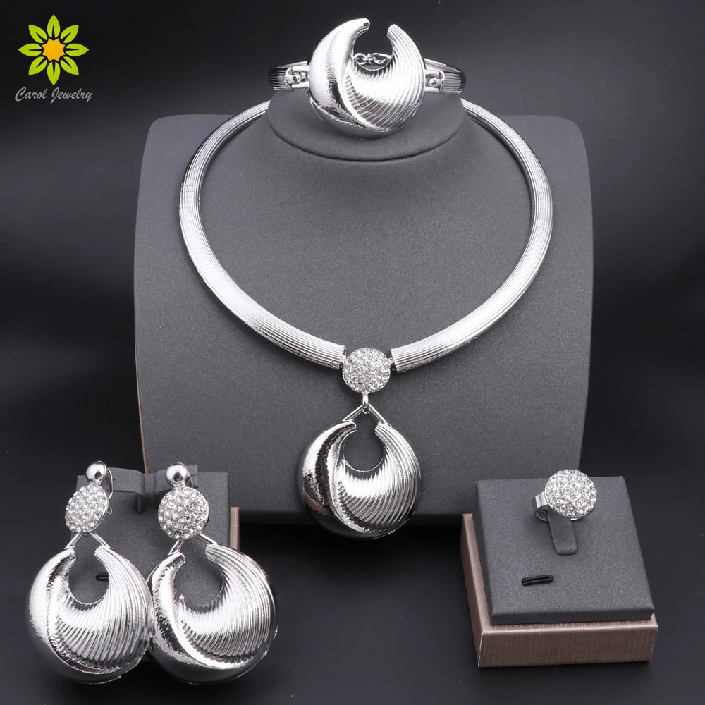 Dubai Jewelry Set For Women Silver Plated Necklace Earrings Bracelet And Ring Set Jewelry For Wedding Party Trending 250609