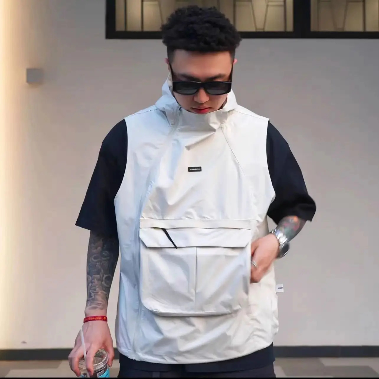 Functional Style Men Hooded Vest Large Pocket Zipper Sleeveless Coat Fashion Sports Tank Tops Vintage Casual Hoodie Streetwear 250614
