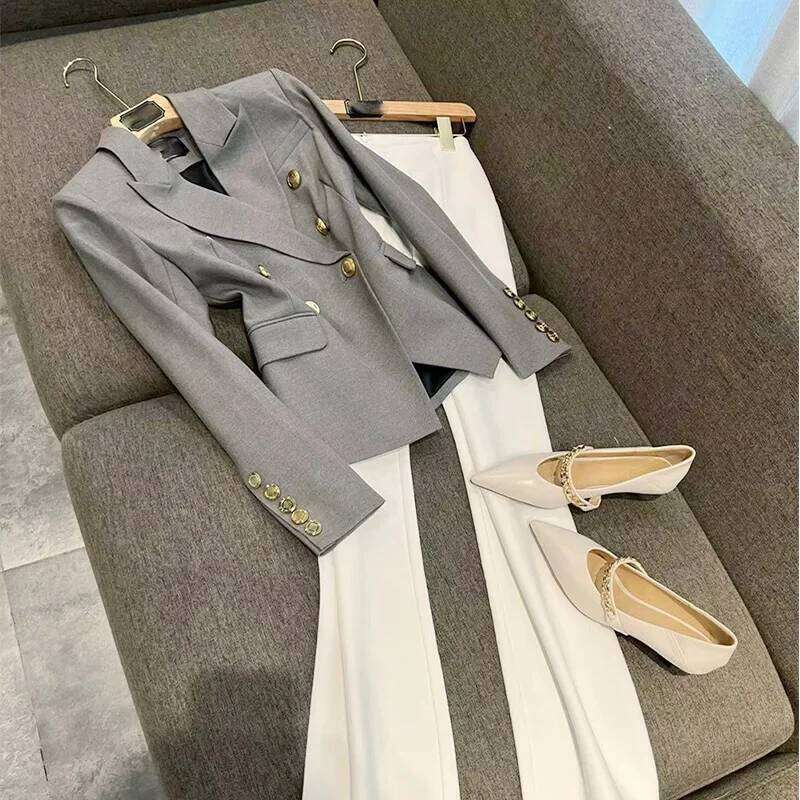 Gray Slim Fit Long Sleeve Commute Suit Jacket Double Row Metal Buckle Fashionable Women's Polyester Fiber No Collar Coat