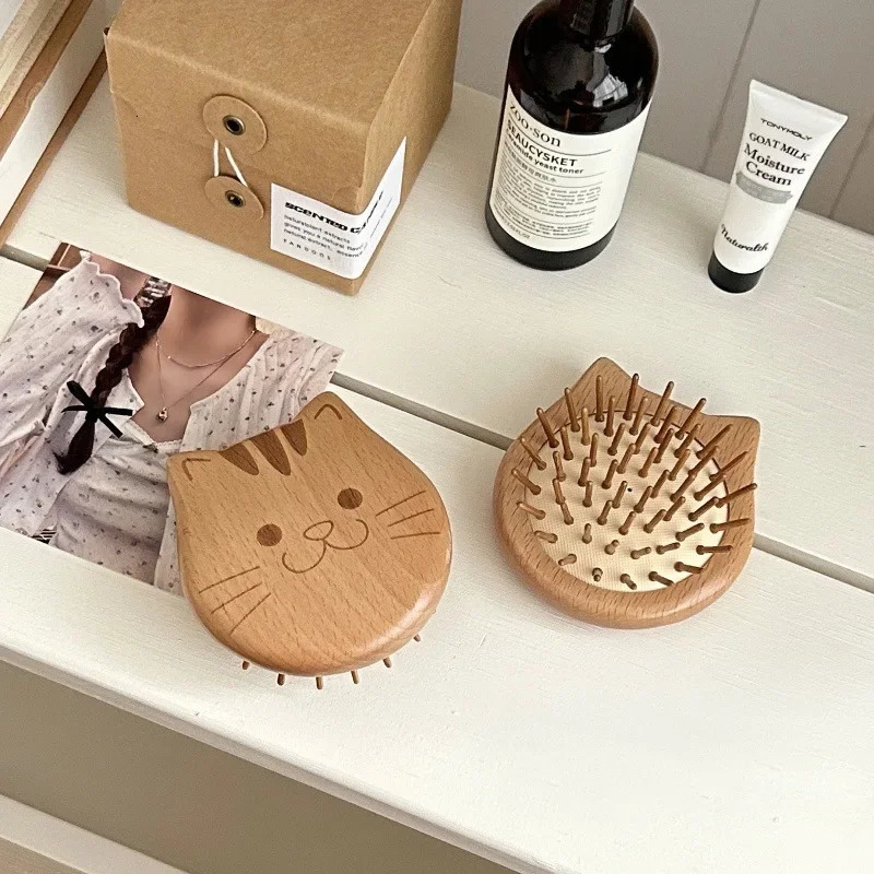 Portable Mini Cute Cat Inflatable Comb Small Elm Wood Compact round Hair Massage Comb Womens Stylish Professional Salon Brush 250612