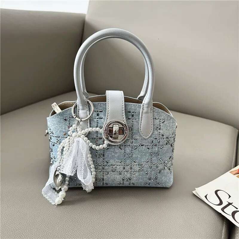 Rhinestone Embellished High-end Denim Lock Handbag for Women 2025 New Korean Fashion Single Shoulder Crossbody Bag