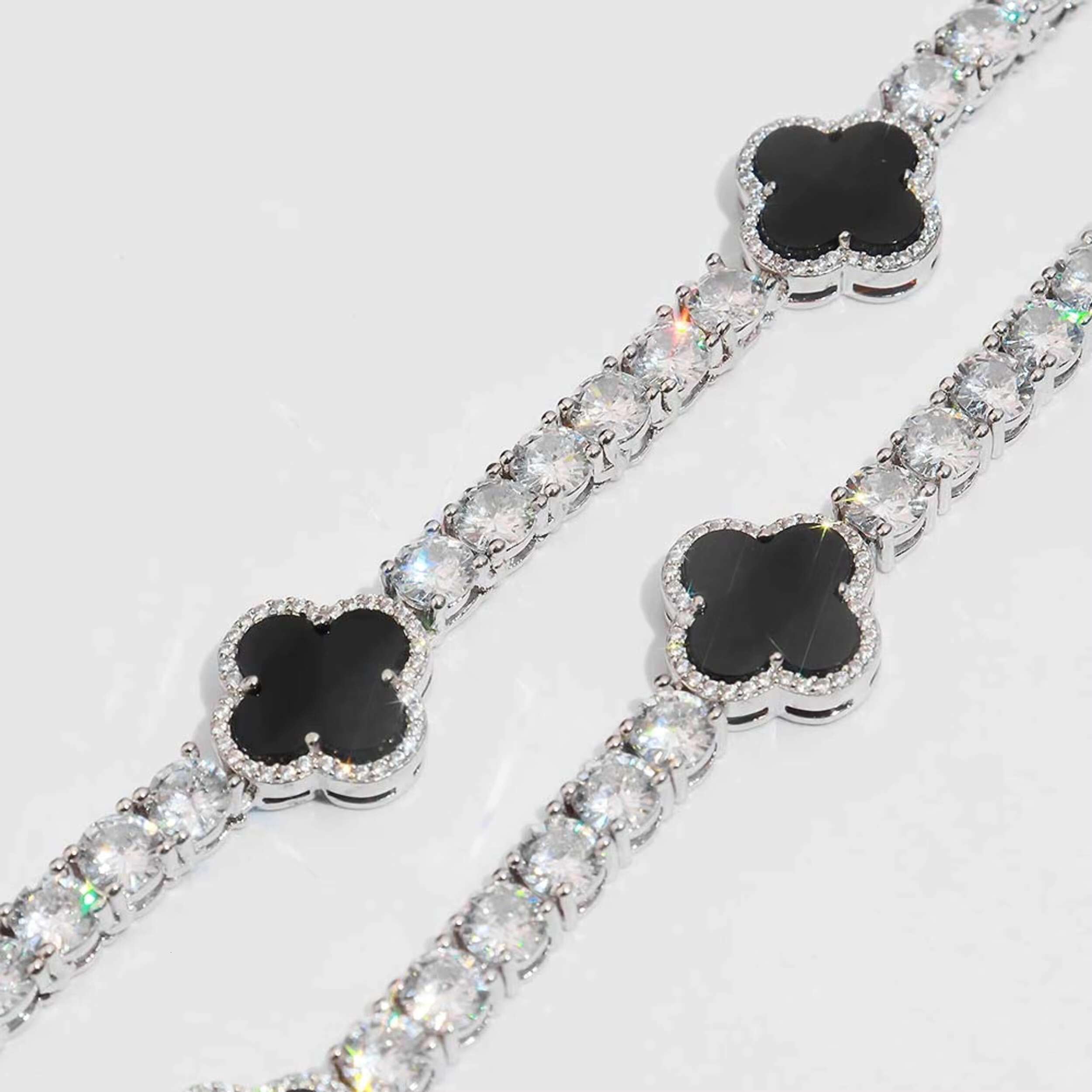 VVS Moissanite Tennis Chain with Black Agate Clover Leafs Iced Out Moissanite Necklace Officiant Gift Anniversary Gift