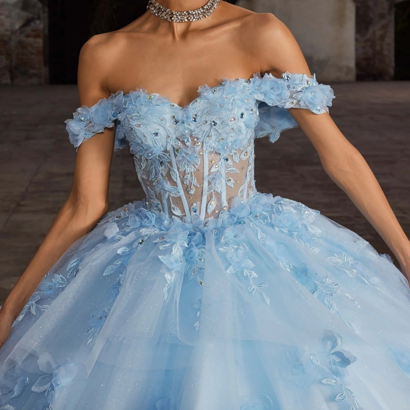 Sky Blue Quinceanera Dresses Ball Gown Off The Shoulder Applique Flower Bow Beads Tull Tiered Sweet 16 Dress Vestidos 15 De Anos