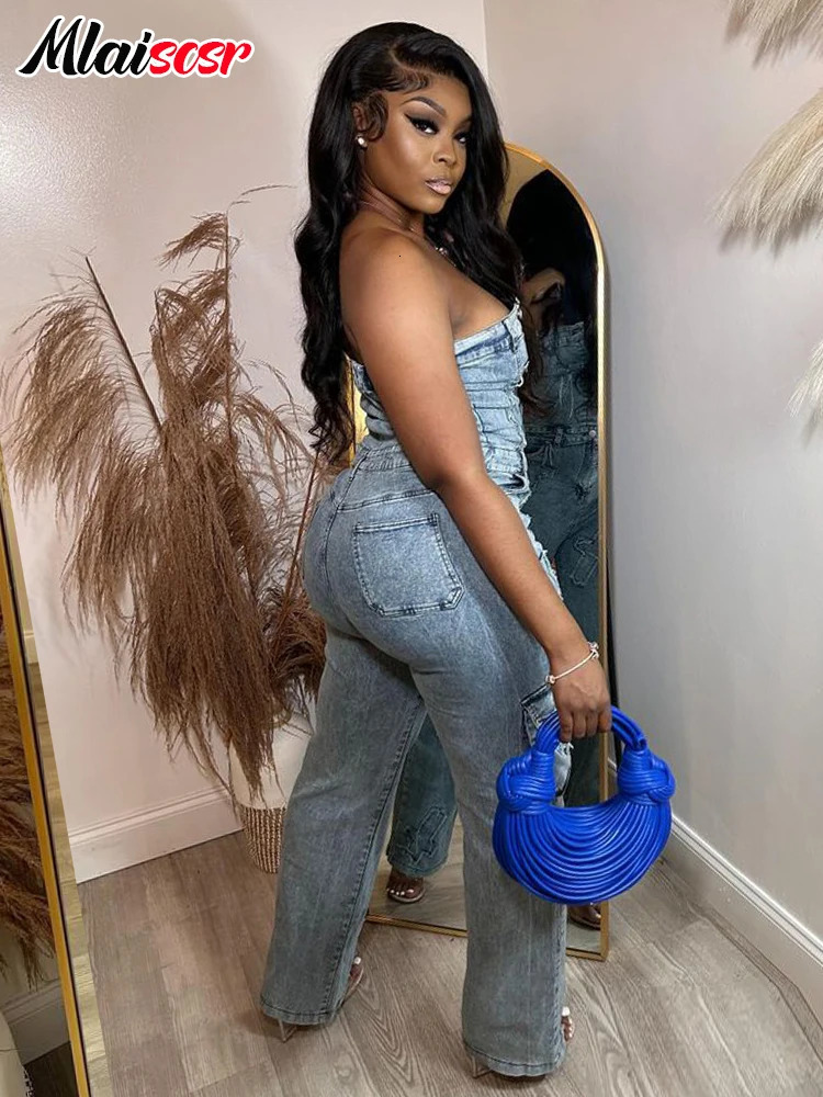 Mlaiscsr Cross y Pockets Stretch Denim Jumpsuits Women Sleeveless Off Shoulder Boyfriend Rompsers Blue Cargo Overalls 250612