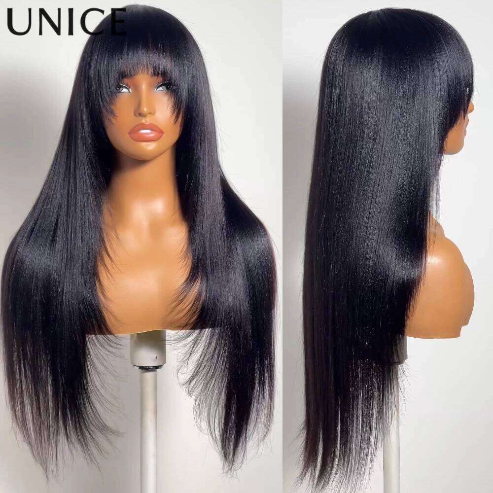 Unice Yaki Straight With Bangs Layered Cut Human Hair Wigs Breathable Cap Full hine Made Wig 150% Density