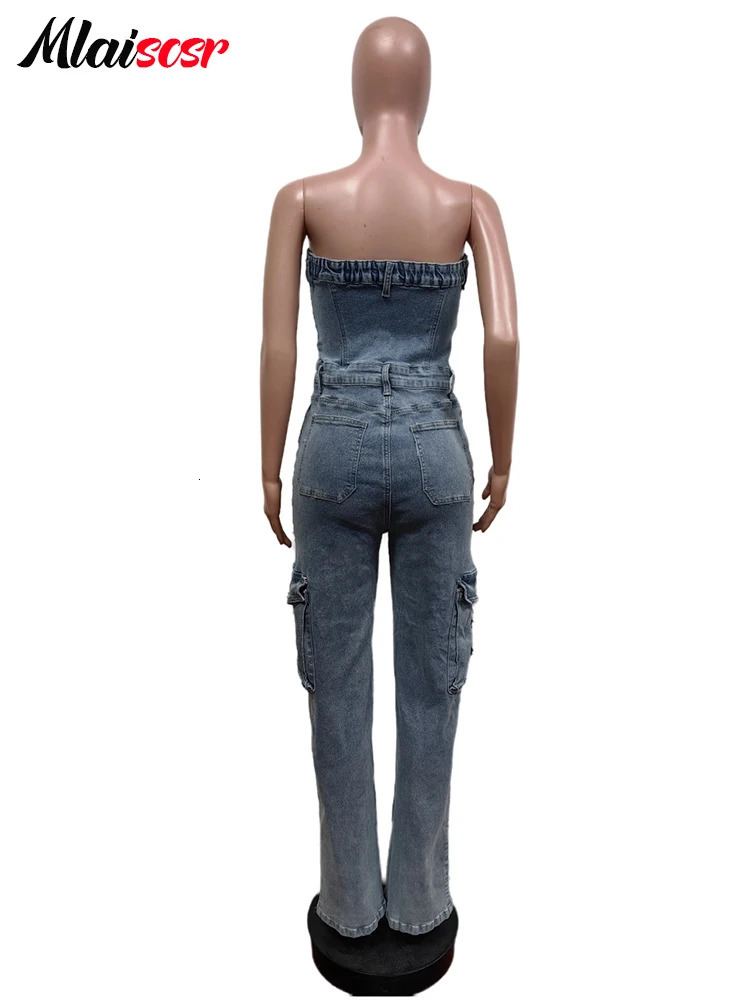 Mlaiscsr Cross y Pockets Stretch Denim Jumpsuits Women Sleeveless Off Shoulder Boyfriend Rompsers Blue Cargo Overalls 250612