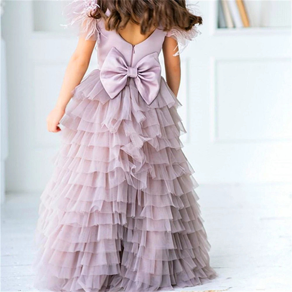 Kids Surprise Birthday Present Lovely Tulle Lace Printed Feather Flower Girl Dress Princess Ball First Communion Dresses 250614